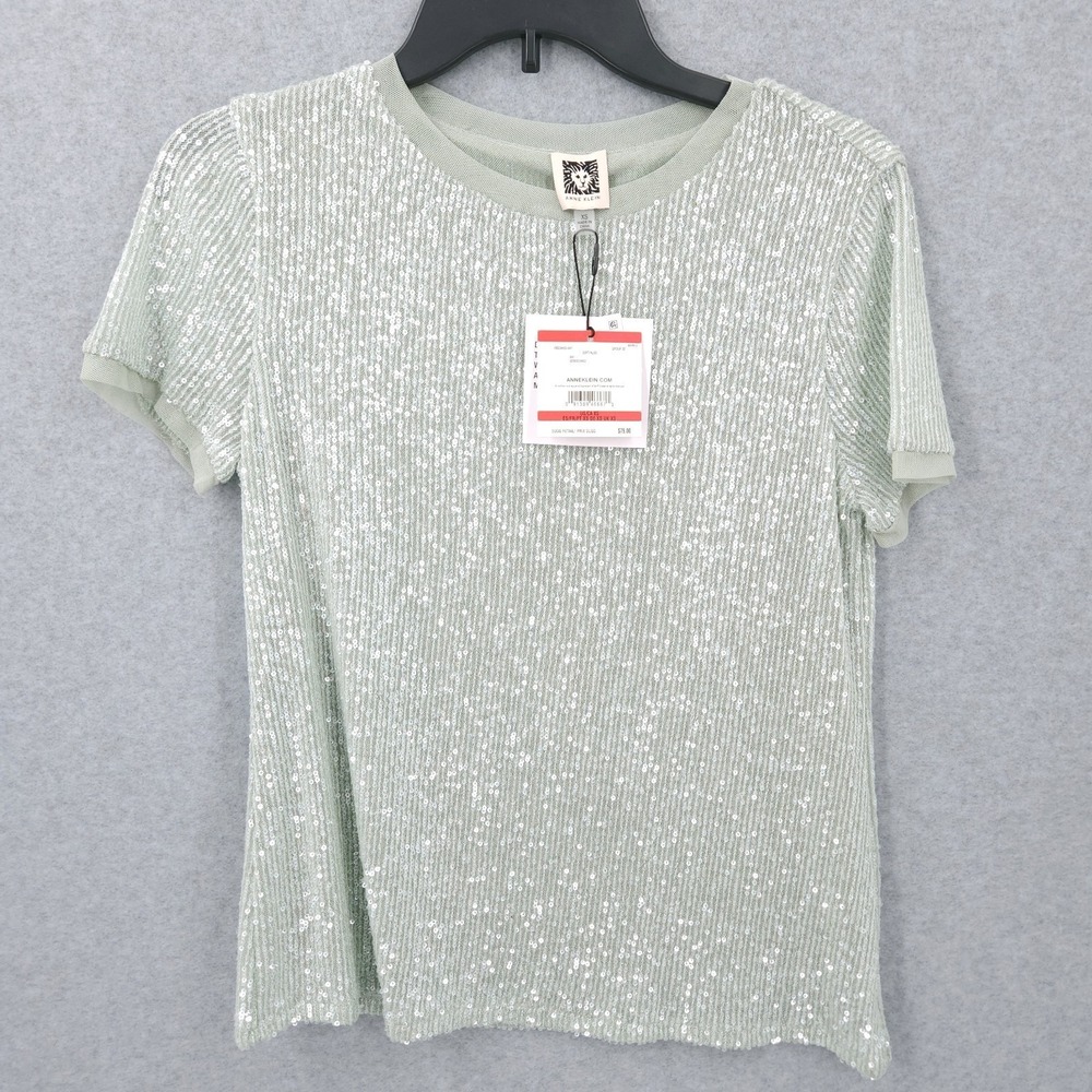Anne Klein Sequined Crewneck Short Sleeve Soft Aloe T Shirt Womens Size XS NWT